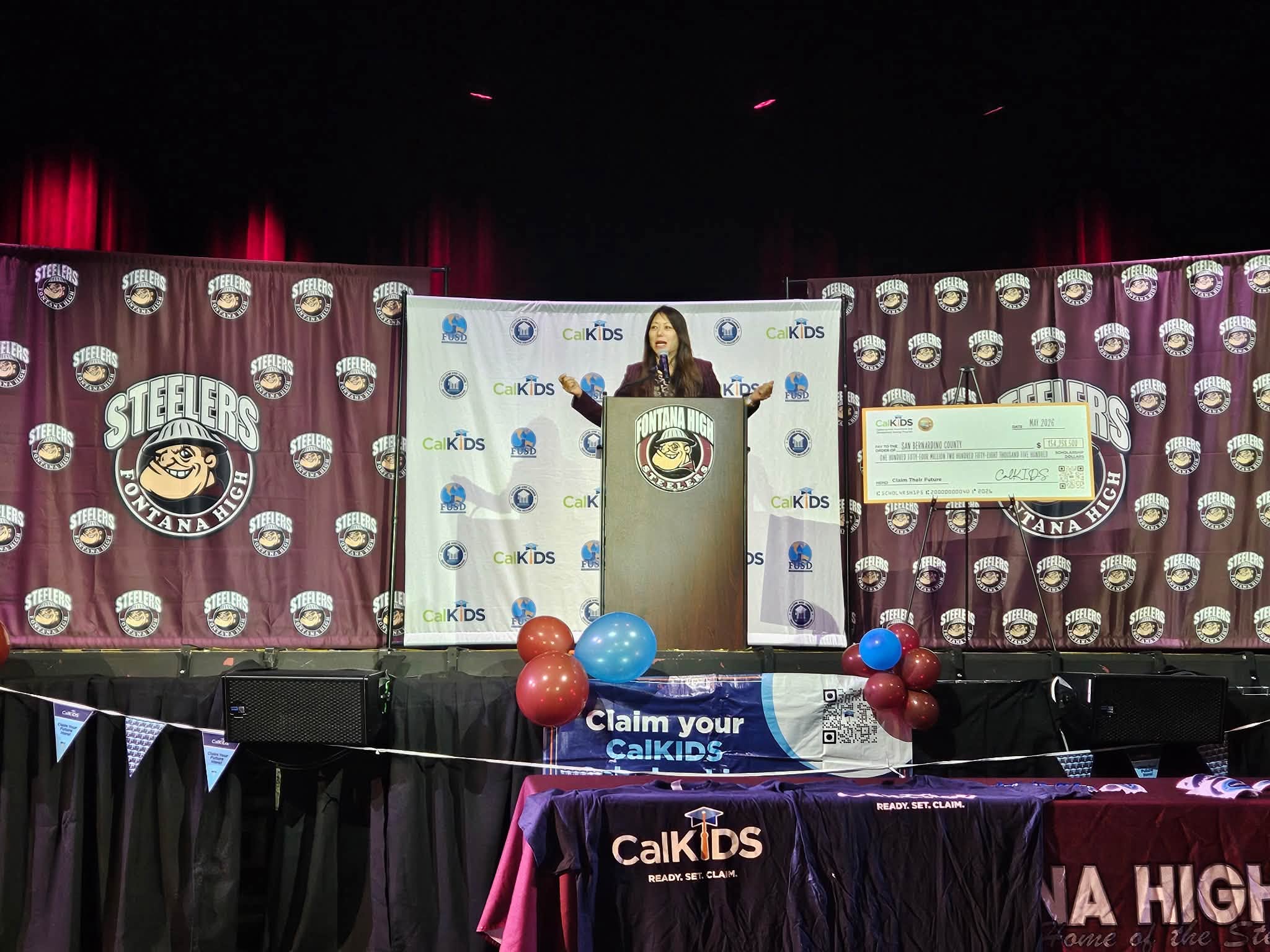 Fiona Ma speaking at a CalKIDS event at Fontana High School